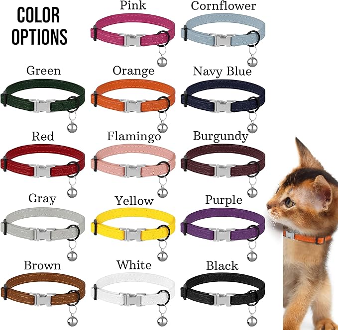 Leather Cat Collar with Buckle and Removable Bell - Non Breakaway Adjustable Soft Safety Small Pet Collars for Girl Boy Cats Kitten (Navy Blue)