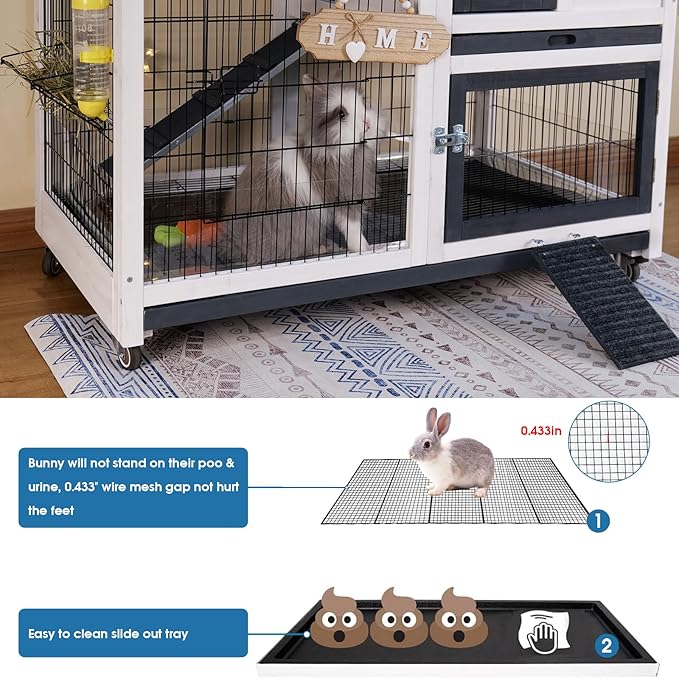 Rabbit Hutch Indoor Bunny Cage Outdoor with Urine Guards 2 Storey Mobile Guinea Pig Cage Weatherproof Asphalt Roof Wire Bottom 2 Trays