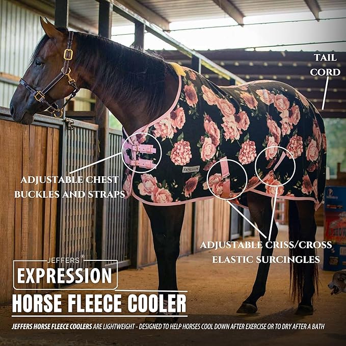 Jeffers Expression Fleece Cooler for Horses, Standard Neck, Rose Garden 75"- Equine Towel Blanket, Moisture Absorbent, Light Weight, Best for Drying, Exercise, Bathing, Adjustable Belly Bands