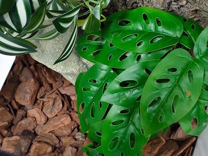 Woyrise Reptile Artificial Plants with Base, Terrarium Decor Amphibian Habitat Plant, Bearded Dragon Tank Accessories fit Gecko Lizard Chameleon Snake Frog - Monstera Adansonni