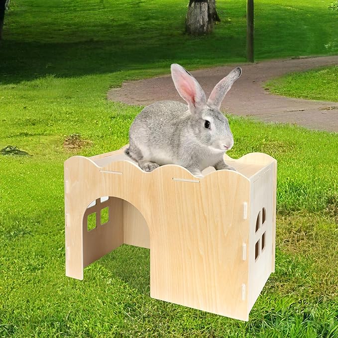 Guinea Pig Hideout, Natural Wooden Chew Proof Hideaway Hut for Small Pets (Wood, Rabbit)