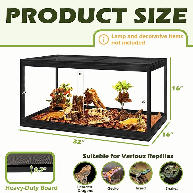 Prolee Tempered Glass Beard Dragon Tank 37 Gallons,Reptile Encloure and Snake Tank with Metal Mesh Roof Door,Locking Design Reptile Tank for Lizard,Gecko,Chameleon (32"X16"X16",Black)