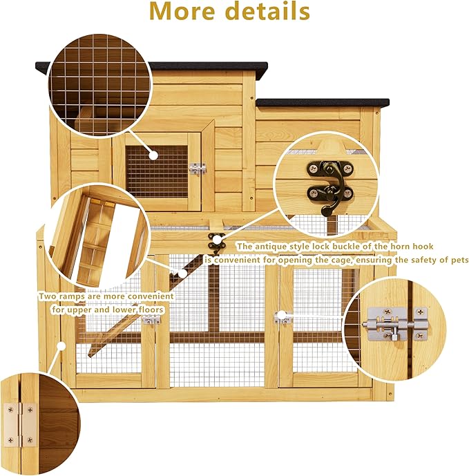Outdoor Bunny Cage 2-Tier Rabbit Hutch & Chicken Coop with Wire Run, Wooden Poultry House with Pull-Out Tray, Waterproof Rabbit Hutch for Outside (Yellow)