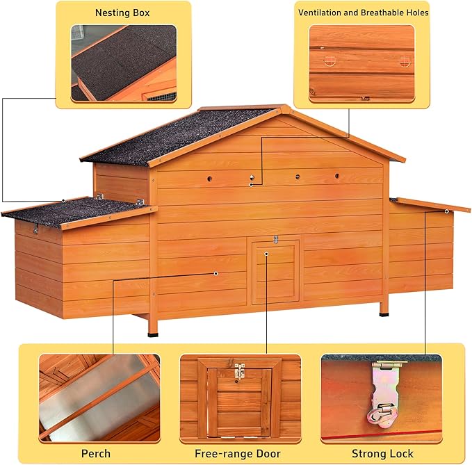 Large Wooden Chicken Coop for 3-4 Chickens – Outdoor Hen House with Nesting Box, Perch, Pull-Out Tray, Waterproof Roof & Predator-Proof Lock, Ventilated Weatherproof Chicken Cage Natural