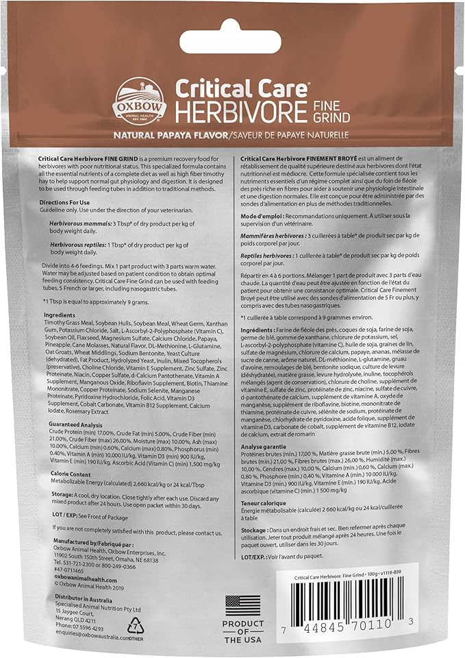 Oxbow Critical Care Herbivore, Fine Grind, Emergency Rabbit & Guinea Pig Food, Made with Timothy Hay, Natural Papaya Flavor, Veterinary Formula, Assist Feeding Formula for Pets, 100 gram bag
