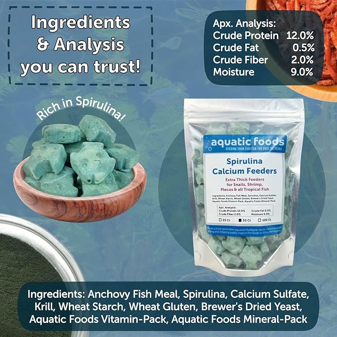 Aquatic Foods Inc. Spirulina Enriched Calcium Feeders for Shrimp, Snails, Crabs, Crayfish, Pleco, Catfish, All Tropical Fish…100 Count Bag