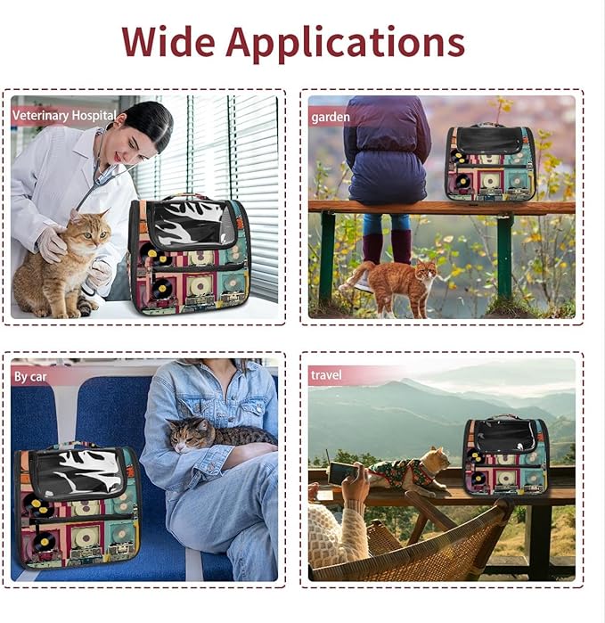 Color Record Player Pattern (1) Cat Carrier Backpack,900D Wear-Resistant Oxford Fabric, Dog Carrier Cat Backpacks Suitable for Travel