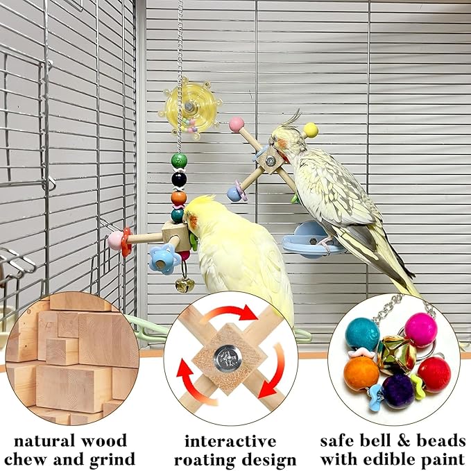 2pcs Bird Spinner Toys for Parrots with Bells, Natural Wood Parakeet Toys for Cage, Bird Cage Accessories Chewing Hanging for Small and Medium Birds, Cockatiel, Conure, Lovebird, Budgie, Quaker
