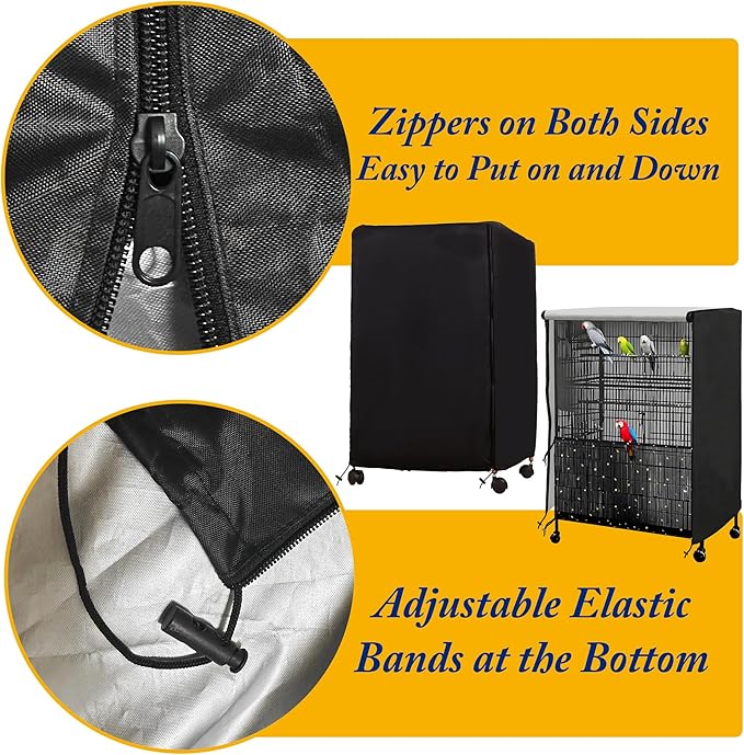 Universal Bird Cage Cover,Pet Cage Cover,100% Shading Oxford Cloth with PU Coating Layer,Good Night for Small Animals,Adjustable Soft Airy Nylon Mesh Net for Round Square Cages (Black, 35×25×47in)