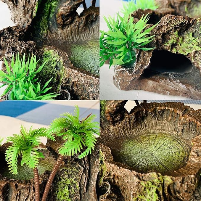 PINVNBY Reptile Water Dish, Bearded Dragon Water Bowl, Resin Reptile Platform with Artificial Plants Food Water Dish Bowl for Bearded Dragon, Crested Gecko, Hermit Crab, Snake (Smooth)