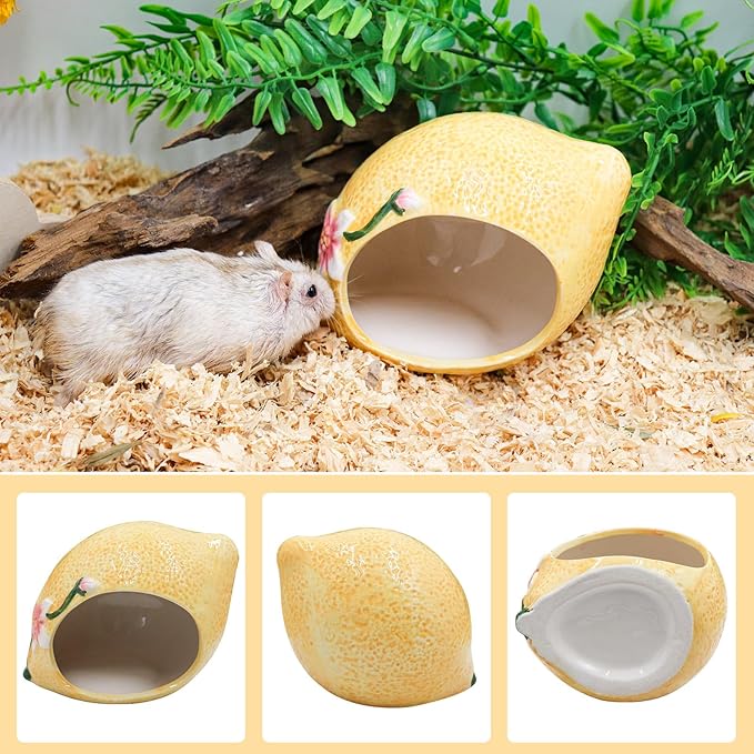 Hamster Houses and Hideouts, Ceramic Lemon Shape Hamster Hide, Small Animal Habitat Decor, Cage Accessories for Hamster, Gerbil, Gecko, Rat and Other Small Animals