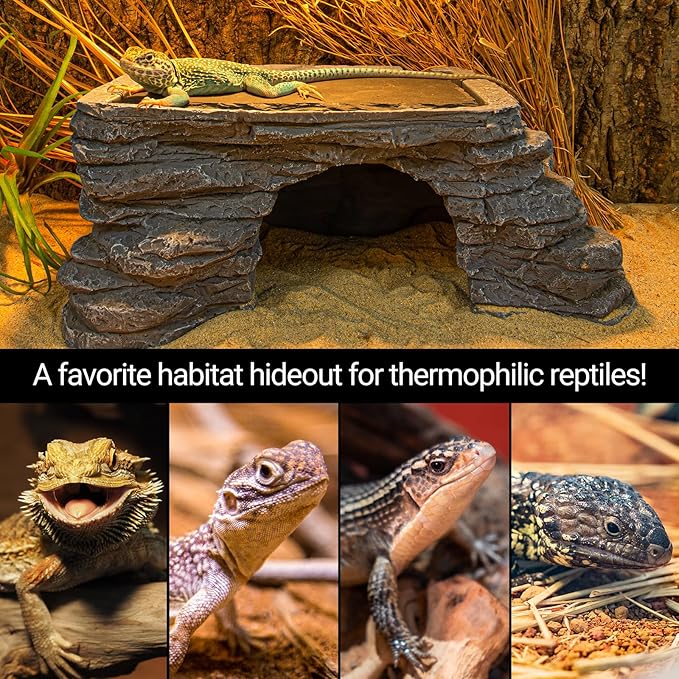 REPTI ZOO Large Bearded Dragon Basking Platform, 12.5x7x5 inch Gecko Hide Cave with Heat Storage Slate Stone, Reptile Basking Rock Climing Hideout for Leopard Crested Gecko Lizard Turtle