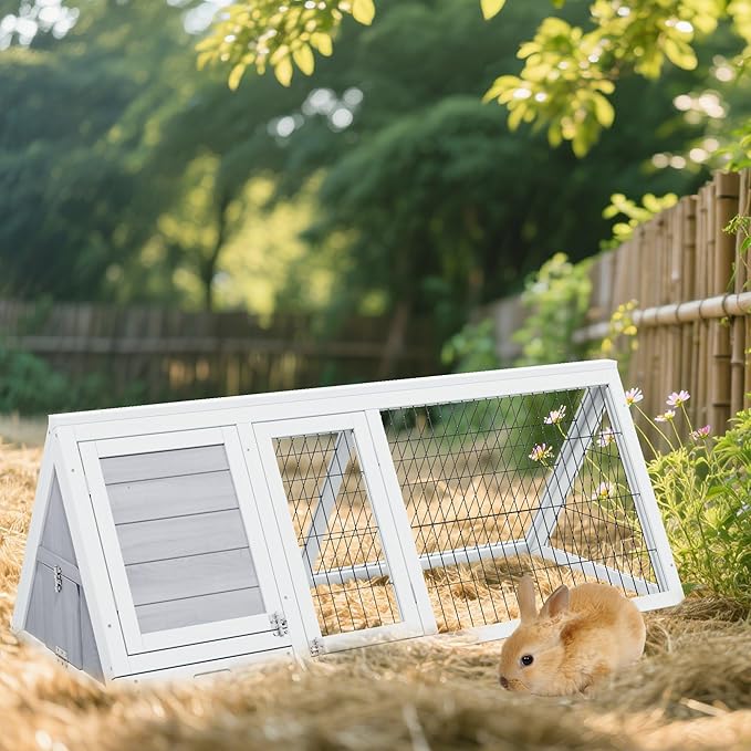 Rabbit Hutch Indoor Outdoor, Chicken Coop, Brooder Box for Chicks, A-Frame Poultry Quail Cage Duck House with Ventilating Wire Bunny Cage for Small Animals (Grey)