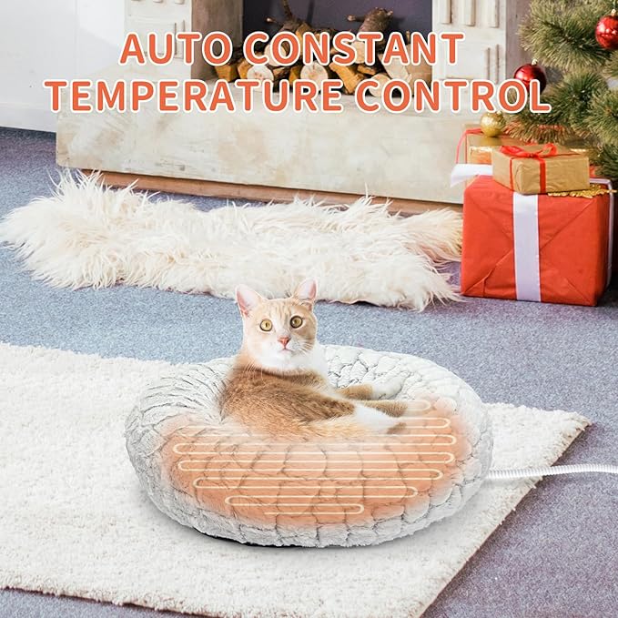 Heated Cat Bed Indoor, Round Heated Pet Bed for Indoor Cats 19" Soft & Cozy Donut Electric Pet Heating Pad for Kitten Cat