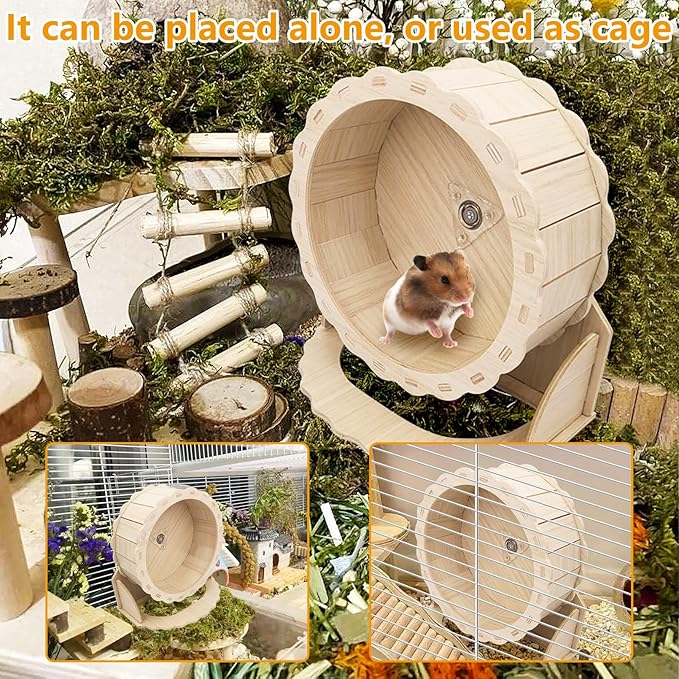 Hamiledyi Wooden Hamster Wheel, Small Pets Exercise Wheel, Silent Running Wheel for Gerbil, Mice, Guinea Pigs, Dwarf Syrian Hamster (5.9in)