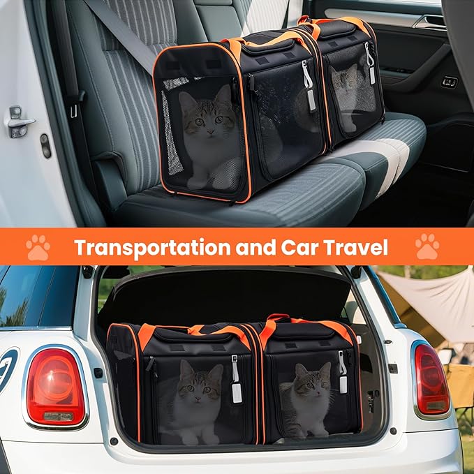 Large Cat Carrier 2-in-1 with Litter Box & Bowl, Portable Cat Carrier Hard for 2 Cats, Double Cat Travel Carrier with Safety Locking Zippers, Ideal for Long Distance Trips, Outdoor Adventures