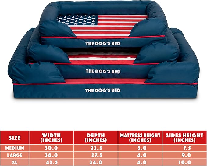 The Dog’s Bed, Medium Blue Oxford with Red Trim USA Flag Dog Bed with Central Flag 30x23.5, Memory Foam, Pain Relief, Post Surgery, Waterproof Washable Cover Cover, Veterinary Approved