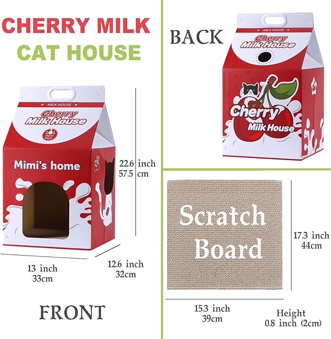 Cardboard Cat House with Scratcher - Red Cherry Carton Milk Box -13''L x 13''W x 22.5''H for Cats up to 16 Lbs - Portable Handle for Easy Transportation - Indoor Cat Playhouse & Hideaway