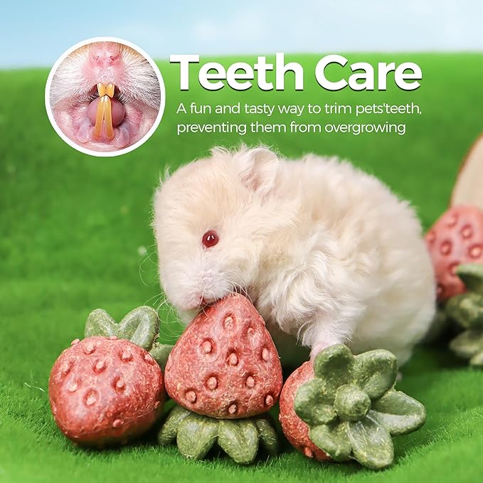 TEEWY Guinea Pig Toys, 4PCS Strawberry Shaped Hamster Toys, Natural Guinea Pig Chew Toys for Teeth Grinding, for Hamster, Gerbil, Chinchilla, Rat