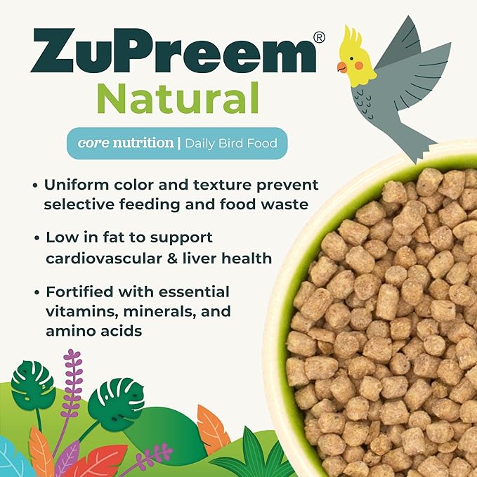 ZuPreem Natural Bird Food, Bird Feed Pellets for Parrot, Conure, Caique, African Grey, Eclectus, Small Cockatoo, Core Nutrition, Made in USA, Added Vitamins, Parrot Food, (M/L, 10 lb Bag)