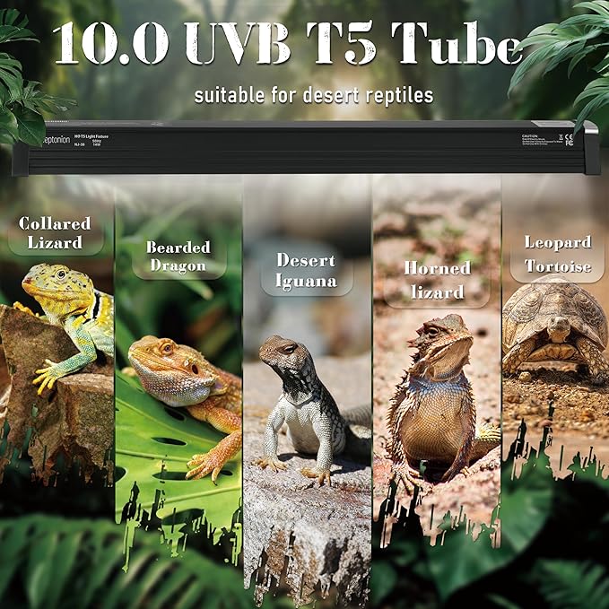 T5 Reptile UVB Light 22.7 Inches Fixture with UVB 10.0 Bulb High Output Hood for Terrariums, Basking Reptiles, Lizards, Chameleons, Iguanas, Bearded Dragons, 14W