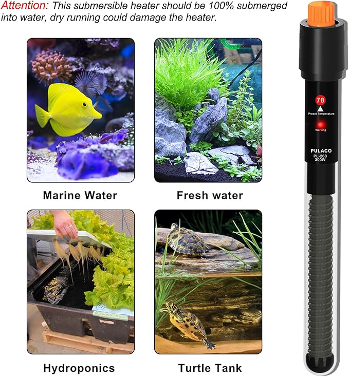 PULACO 300Watt Aquarium Heater for 50-70 Gallon Fish Tank, Adjustable Submersible Heater Thermostat with Thermometer Strip and Suction Cup