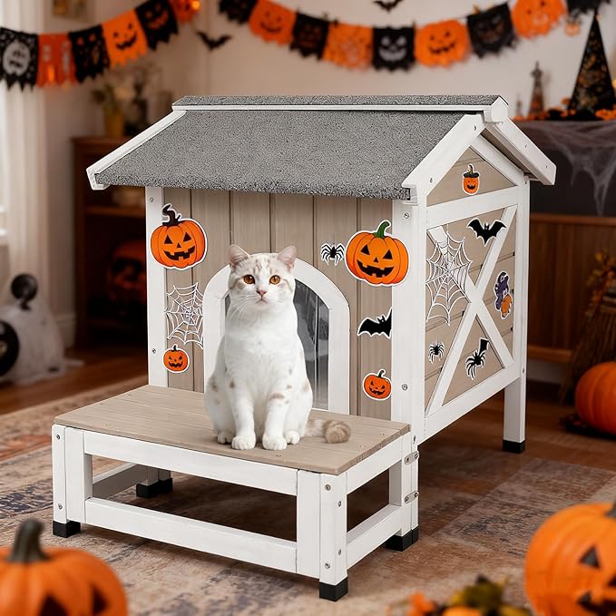PetsCosset Outdoor Cat House Weatherproof with Balcony Feral Cat Shelter for Outside, Wooden Pet House with Openable Roof, Raised Base, Escape Door