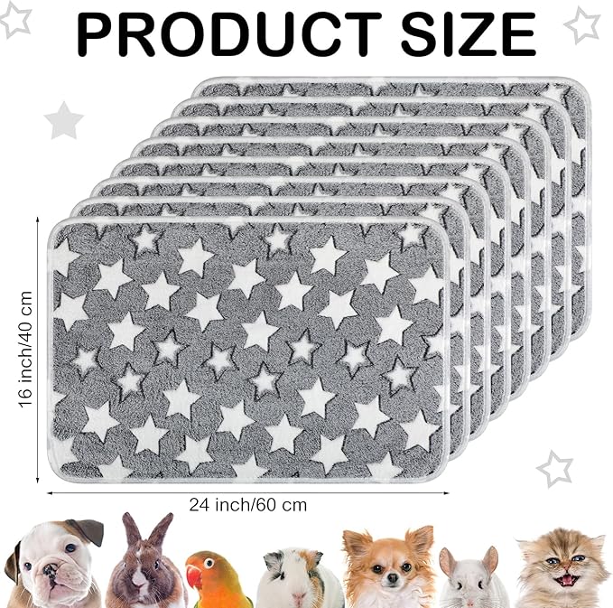 Tudomro 8 Pcs Guinea Pig Blankets Absorbent Washable Animal Fleece Bedding Cage Liners Waterproof Reusable Pet Pee Sleep Mat Pad Cover for Chinchilla Hamster Ferret(Grey Star,16 x 24 Inch)