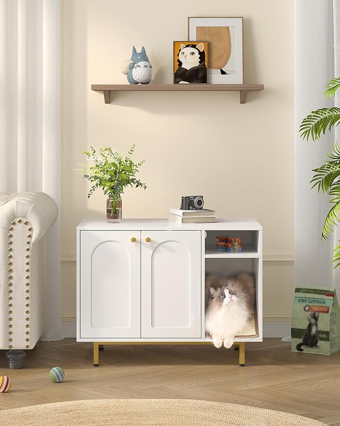 Cat Litter Box Enclosure Enclosed, Hidden Litter Box Cabinet Furniture with Storage, Wooden Indoor Cat House Large, Modern End Table for Living Room Entryway, White and Gold 01503GCLB