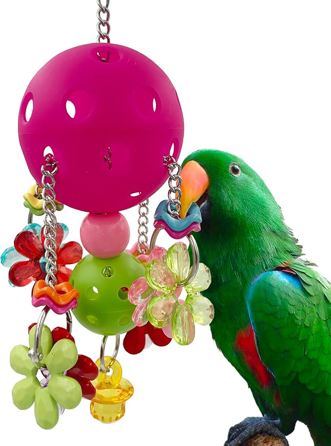 Pullable Bird Plastic Ball Toys with Acrylic Pacifiers and Flowers, Colorful Parrot Toys for Medium and Large Parrot Quaker Monk Parakeet Sun Conures (Rose red)