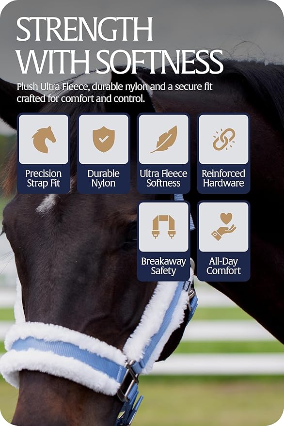 Equinavia Valkyrie Ultra Fleece Breakaway Horse Halter | Padded Fleece Adjustable Safety Halter with Nylon Webbing - Forever Blue/White - Cob