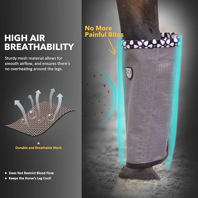 Fine Mesh Fly Boots Loose Fitting & Non-Slip Horse Fly Leggings Fleece Air Flow (Set of 4)
