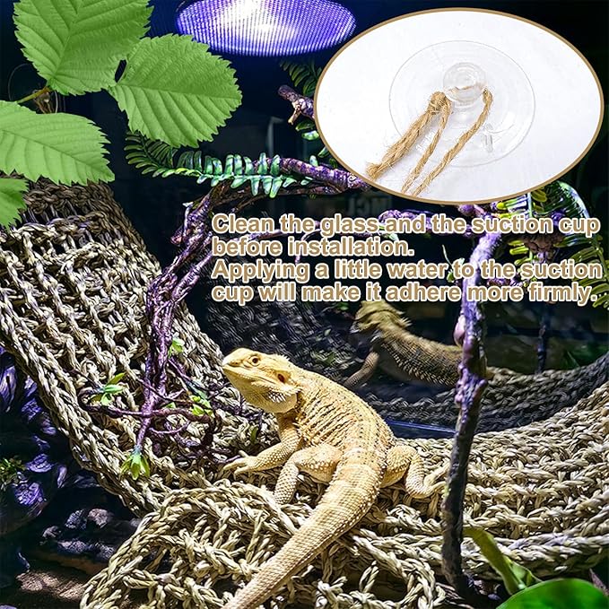 Tfwadmx 2Pcs Large Bearded Dragon Hammock Lizard Lounger Natural Seagrass Fiber Reptile Habitat Decor with Leaves Rattan Plant for Geckos Snakes