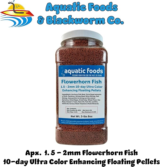 Aquatic Foods Inc. Flowerhorn Fish Ultra Red Color Enhancing 1.5mm-2mm Floating Pellets. Color Enhancing in 10-Days for Baby, Juvenile and Adult Flowerhorn…3-lbs 8oz Large Jar