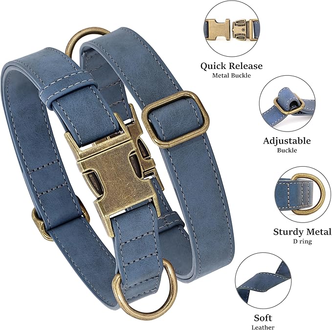 Didog Soft Leather Dog Collar, Durable Heavy Duty Dog Collars with Quick Release Metal Buckle, Adjustable Dog Collar Leather for Medium Small Dogs, Blue, M