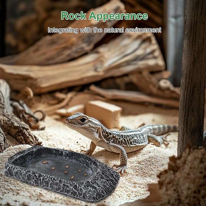 Reptile Water Dish for Bearded Dragon Tank Accessories, Hygger zoo Hermit Crab Food Bowl Reptile Food Dish Corner Rock Terrarium Feeding Bowl Tortoise Water Dish for Leopard Gecko Turtle Snake, Black