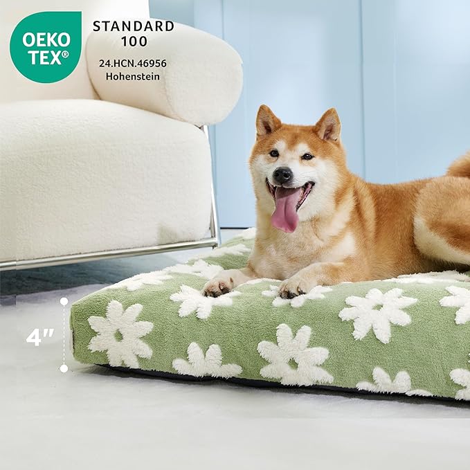 LE SURE Large Dog Beds-Thick Shredded Chopped Foam Pet Bed Indoor with Removable Cover, Cute Modern Fuzzy Plush & Anti Slip Bottom, Green