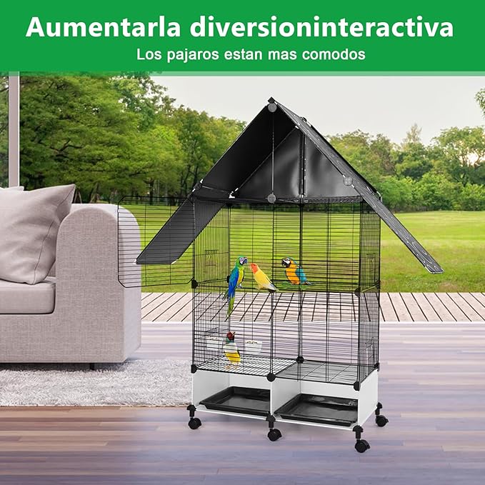 House Shape Bird Cage with Rolling Stand - Large 2 Tier Iron Bird Cage with Lock, Spacious Flight Habitat for Parakeets & Cockatiels, Easy Mobility Safe Home for Small Birds