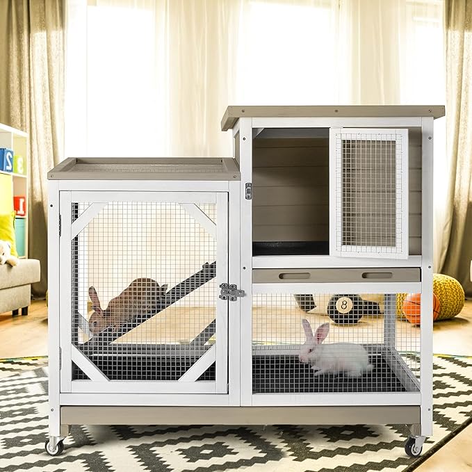 GUTINNEEN Rabbit Hutch Indoor and Outdoor, Rabbit Cage on Wheels with 2 Deep Pull Out Trays, Wooden Bunny Cage with Non-silp Ramp and Sliding Door, Mocca Color