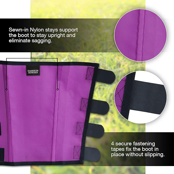 Harrison Howard Loose Fitting Fly Boots UV-Protective Extra Tough Mesh Ventilated Four Fasteners Stay-on Design Protect Horse Legs & Stomp-Reducing Set of 4 Purple Large
