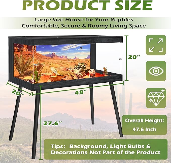 ROYXEN Bearded Dragon Tank with Leg Stand,Tempered Glass Reptile Tank with Metal Mesh Top, 3-Side Clear Anti-Scratch Glass Lizard Tank,Snake Tank for Reptile Habitat