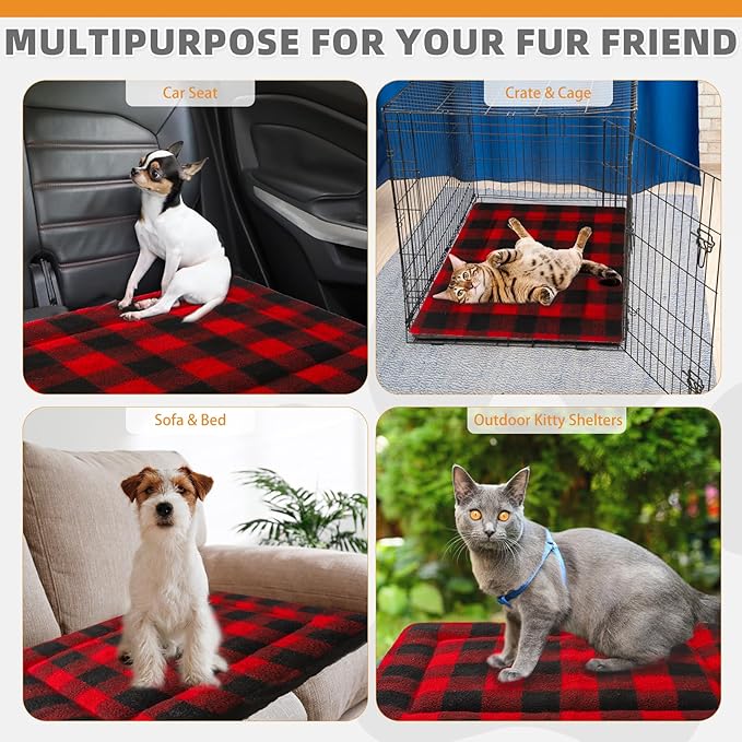 KOOLTAIL Self Warming Cat Bed, Christmas Plaid Pet Heated Pad for Indoor Outdoor Cats, Soft Thermal Double Used Warm Dog Mat, Washable Kitten Puppy House Blanket for Floor, Window Perch, Desk, Red