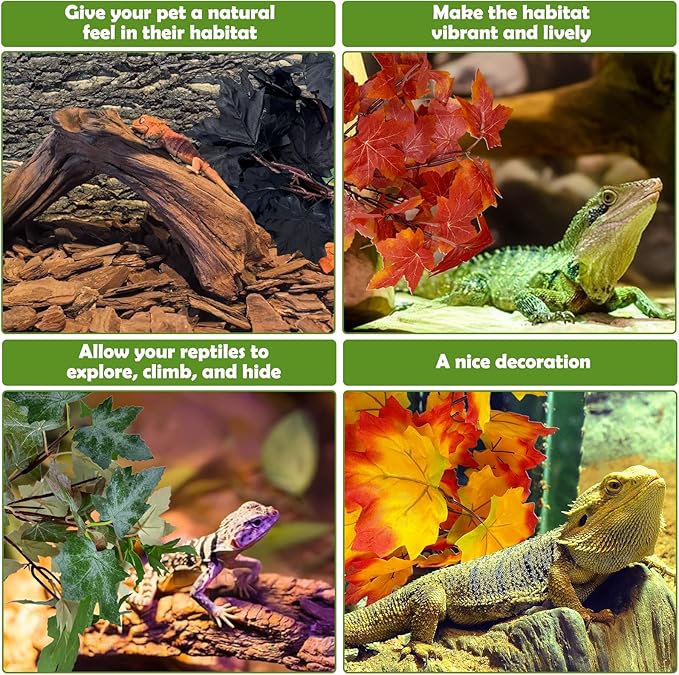 kathson Reptile Terrarium Plants Hanging Artificial Plants Lizards Habitat Decorations with Suction Cups Pets Tank Fake Green Plastic Silk Cloth Ornament for Amphibians Bearded Dragon(4PCS, Style B