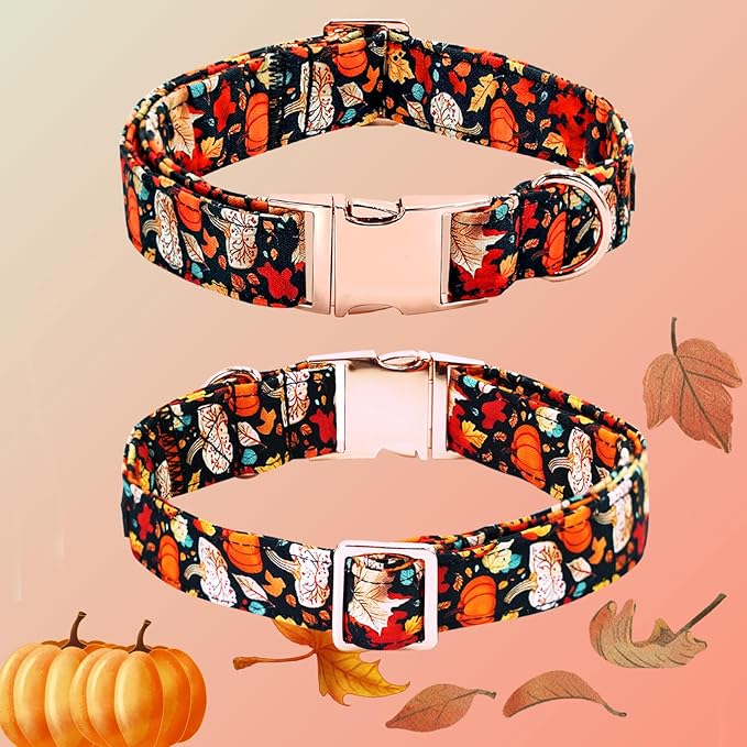 Fall Dog Collar, Leaf Pumpkin Print Adjustable Pet Collar Cute Cotton Soft Collars with Bow Tie Metal Buckle Holiday Puppy Collars Boy&Girl Gift for X-Large Dogs