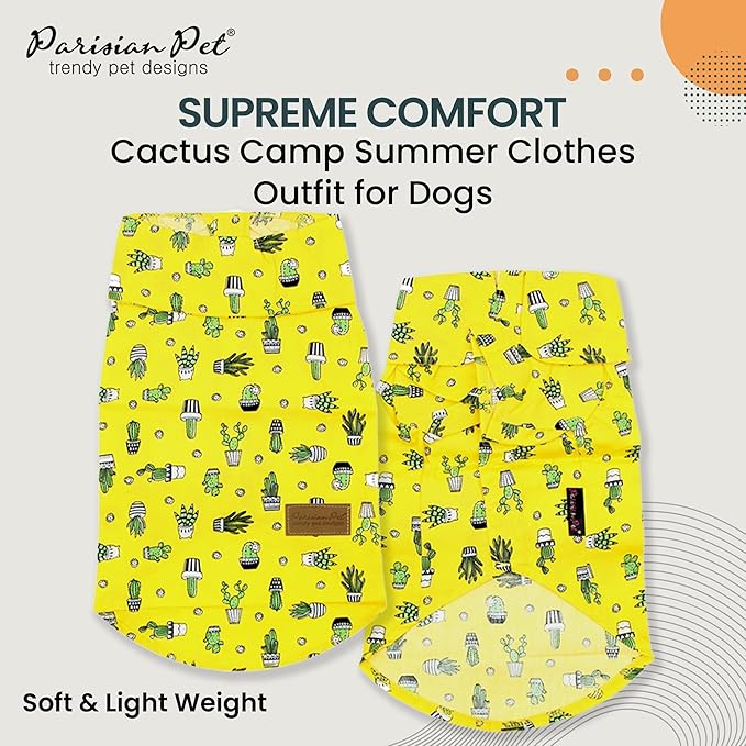 Parisian Pet Cactus Cap Beach Outfit - 100% Cotton Summer Clothes - Stylish Dog Costume - Breathable & Cool - Machine Washable - Medium Dog Shirts