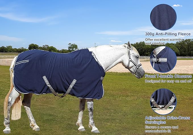 Horse Fleece Cooler, Blanket Liner - 300g Anti-Pilling Fleece, Moisture-Wicking, Cooling & Drying for Post-Workout, Bath & Travel, Prevent Overheating & Chilling Navy 84
