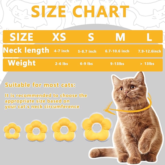 Cat Cone Collar Soft, Waterproof Cats Cones to Stop Licking After Surgery, Adjustable Soft Elizabeth Cats Collars for Wound Healing, Flower Shape Cat Recovery Collar (Yellow, Small)