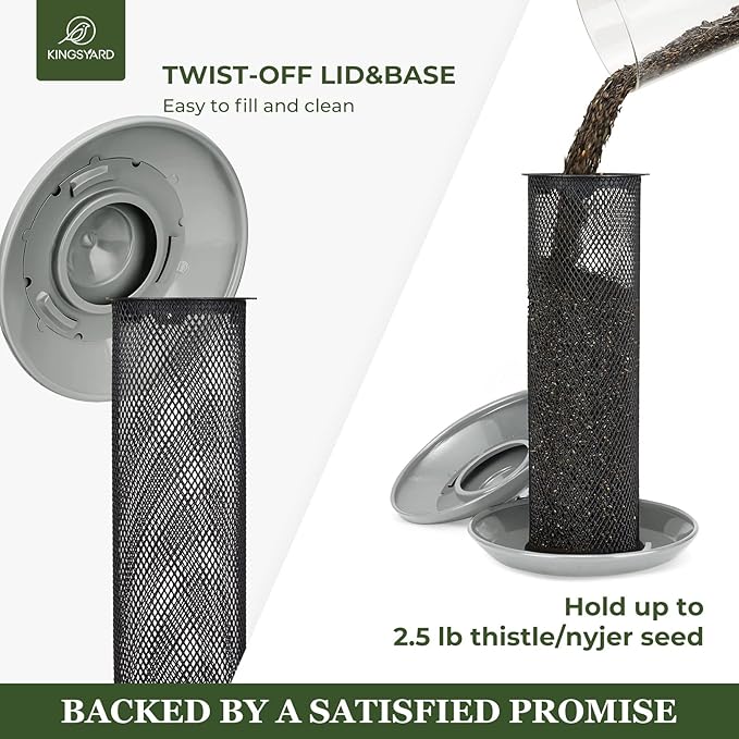 Kingsyard Finch Feeders for Outdoors Hanging, Metal Mesh Tube Bird Feeder for Nyjer/Thistle Seed, 2.5 lbs Large Capacity (Grey)