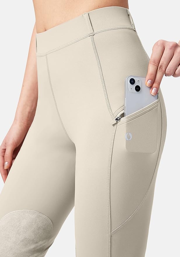 SANTINY Women's Horse Riding Pants with Zipper Pockets Knee-Patch Schooling Tights Equestrian Breeches for Women