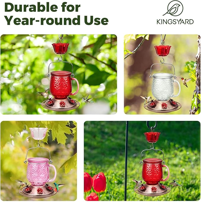 Kingsyard Glass Hummingbird Feeders for Outdoors, 16 Oz Wild Bird Feeder 6 Feeding Ports & Ant Moat Included, Hanging Bird Nectar Feeder for Garden Tree Yard Outside Decoration, Pink